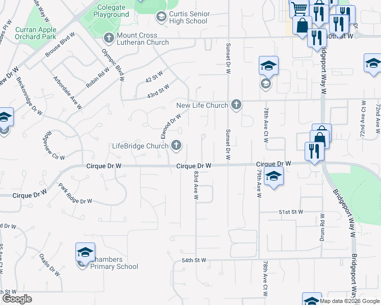 map of restaurants, bars, coffee shops, grocery stores, and more near 8325 Cirque Drive West in University Place