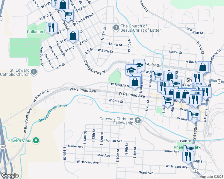 map of restaurants, bars, coffee shops, grocery stores, and more near 1112 West Railroad Avenue in Shelton