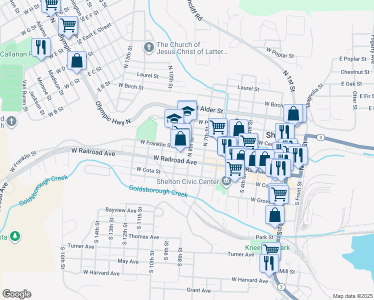 map of restaurants, bars, coffee shops, grocery stores, and more near 724 West Railroad Avenue in Shelton