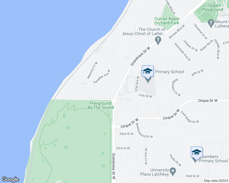 map of restaurants, bars, coffee shops, grocery stores, and more near 4704 Grandview Drive West in University Place