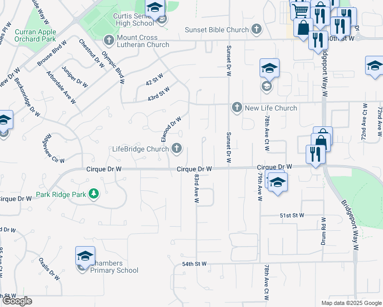 map of restaurants, bars, coffee shops, grocery stores, and more near 8325 Cirque Drive West in University Place