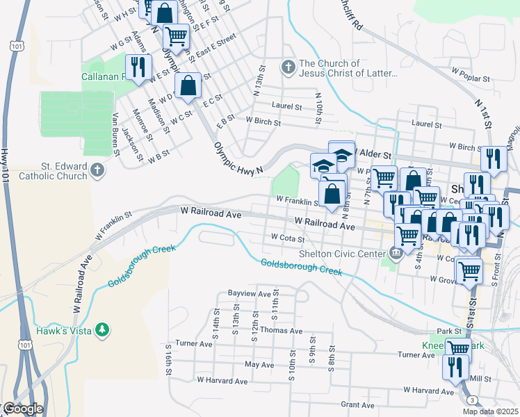 map of restaurants, bars, coffee shops, grocery stores, and more near 1212 West Railroad Avenue in Shelton