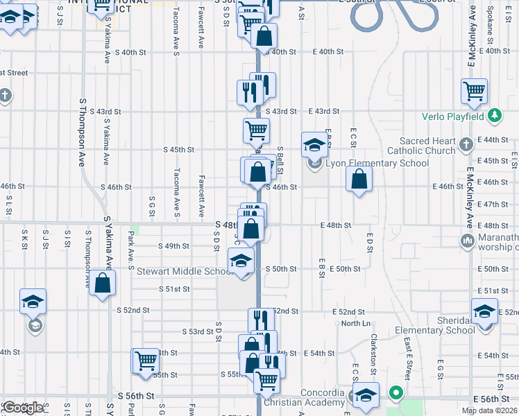map of restaurants, bars, coffee shops, grocery stores, and more near 4711 Highway 7 in Tacoma