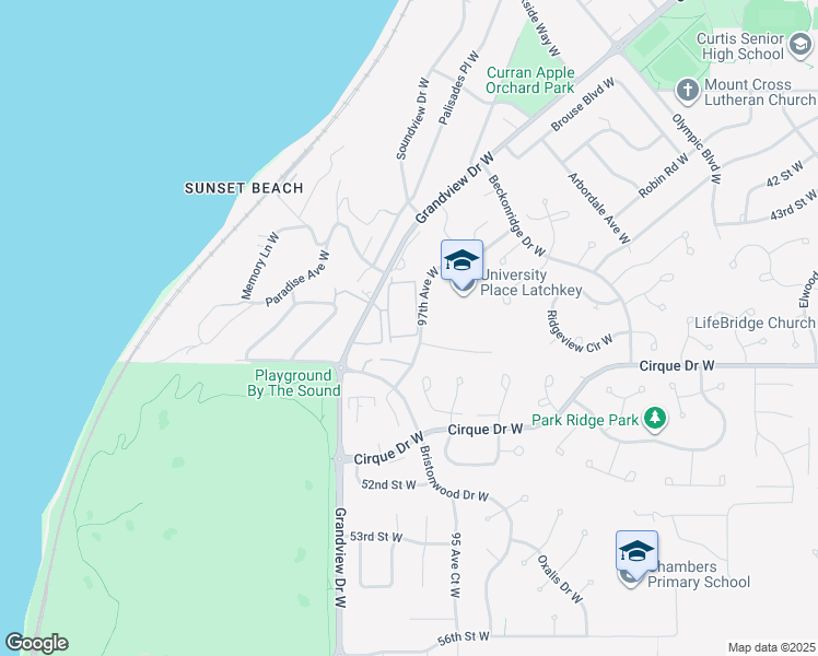 map of restaurants, bars, coffee shops, grocery stores, and more near 4601 Grandview Drive West in University Place