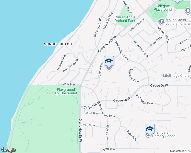 map of restaurants, bars, coffee shops, grocery stores, and more near 4716 97th Avenue West in University Place