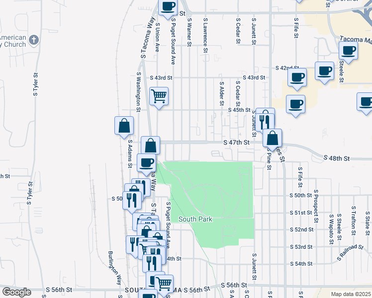 map of restaurants, bars, coffee shops, grocery stores, and more near 4721 South Puget Sound Avenue in Tacoma
