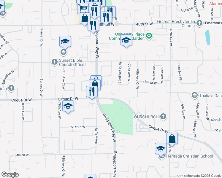 map of restaurants, bars, coffee shops, grocery stores, and more near 4714 73rd Avenue Court West in University Place