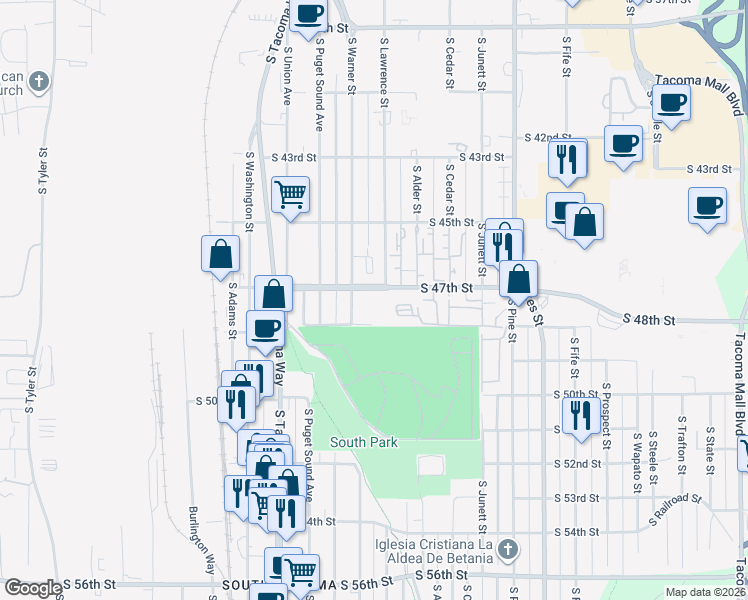map of restaurants, bars, coffee shops, grocery stores, and more near 4707 South Warner Street in Tacoma