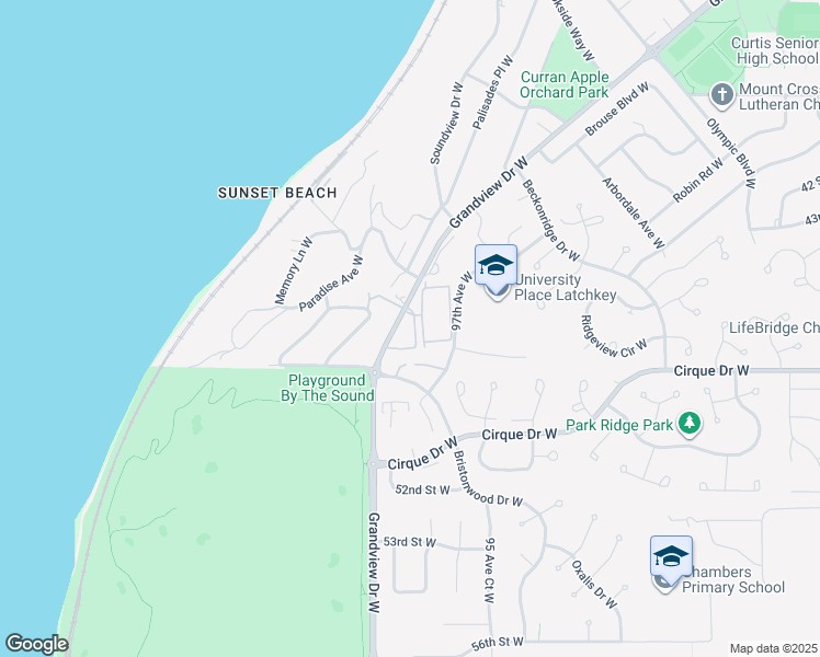 map of restaurants, bars, coffee shops, grocery stores, and more near 4625 Grandview Drive West in University Place