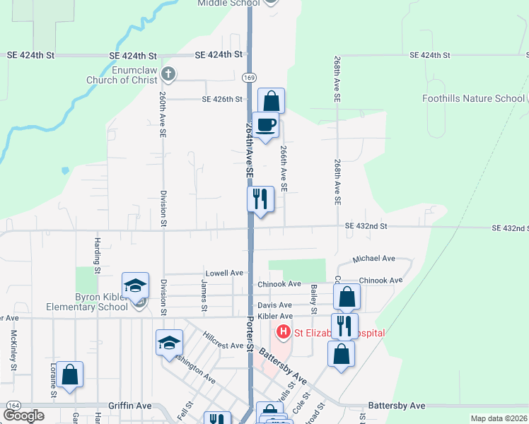 map of restaurants, bars, coffee shops, grocery stores, and more near 1547 McHugh Avenue in Enumclaw