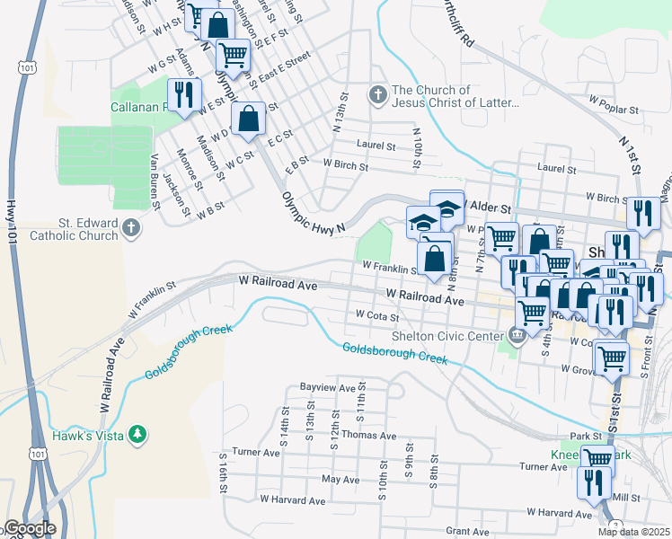 map of restaurants, bars, coffee shops, grocery stores, and more near 1212 West Railroad Avenue in Shelton