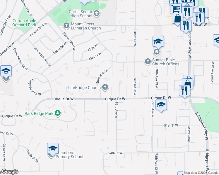 map of restaurants, bars, coffee shops, grocery stores, and more near 8325 Cirque Drive West in University Place