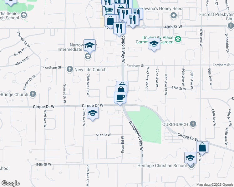 map of restaurants, bars, coffee shops, grocery stores, and more near 7602 46th Street Court West in University Place