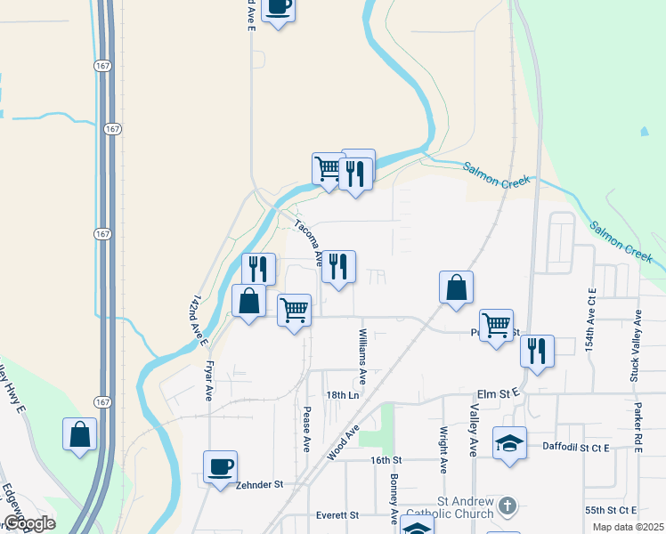 map of restaurants, bars, coffee shops, grocery stores, and more near 2101-2299 Tacoma Ave in Sumner