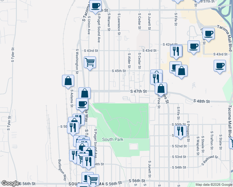 map of restaurants, bars, coffee shops, grocery stores, and more near 4707 South Warner Street in Tacoma