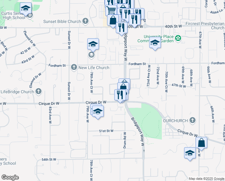 map of restaurants, bars, coffee shops, grocery stores, and more near 7602 46th Street West in University Place