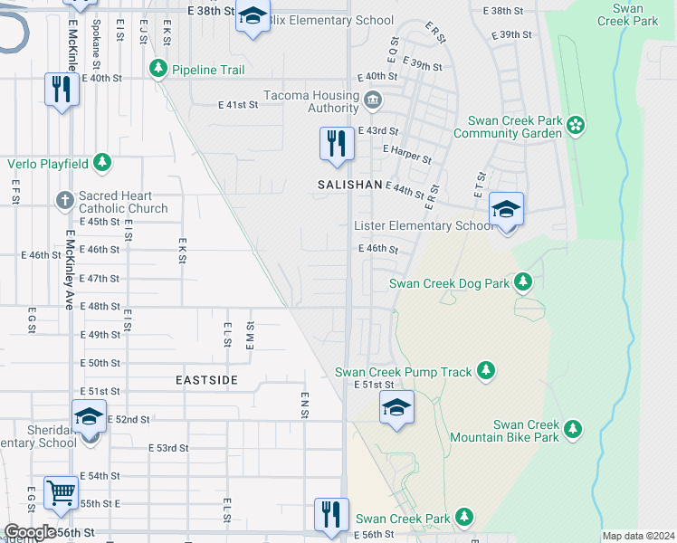 map of restaurants, bars, coffee shops, grocery stores, and more near 4656 Court Q in Tacoma