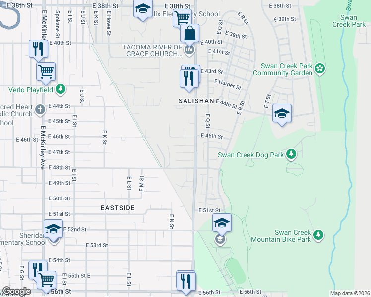 map of restaurants, bars, coffee shops, grocery stores, and more near 1424 East 47th Street in Tacoma