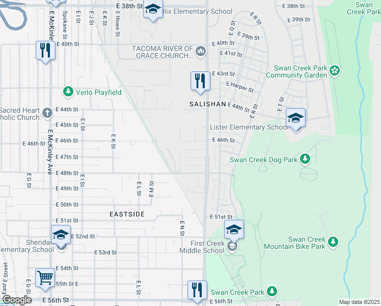 map of restaurants, bars, coffee shops, grocery stores, and more near 1424 East 47th Street in Tacoma