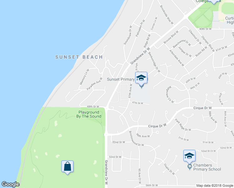 map of restaurants, bars, coffee shops, grocery stores, and more near 4625 Grandview Drive West in University Place