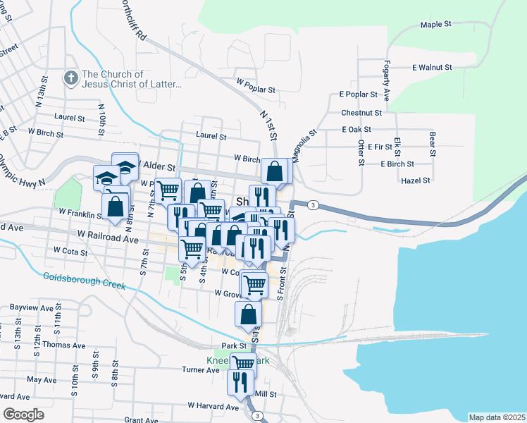 map of restaurants, bars, coffee shops, grocery stores, and more near 122 West Franklin Street in Shelton