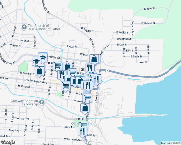 map of restaurants, bars, coffee shops, grocery stores, and more near 114 West Cedar Street in Shelton