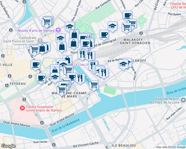 map of restaurants, bars, coffee shops, grocery stores, and more near 44 Quai Malakoff in Nantes
