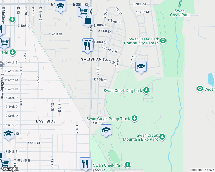 map of restaurants, bars, coffee shops, grocery stores, and more near 4614 East R Street in Tacoma