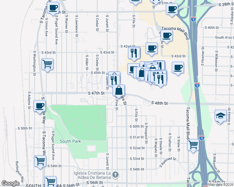 map of restaurants, bars, coffee shops, grocery stores, and more near S Pine St & S 47th St in Tacoma