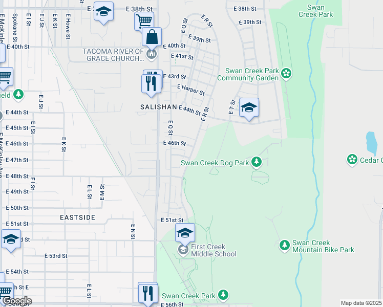 map of restaurants, bars, coffee shops, grocery stores, and more near 4616 East R Street in Tacoma