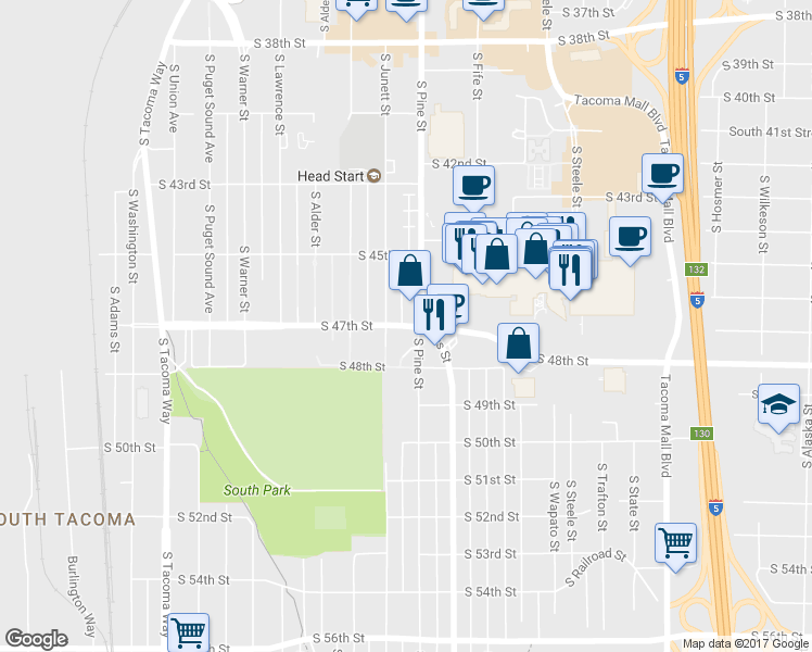 map of restaurants, bars, coffee shops, grocery stores, and more near South 47th Street in Tacoma