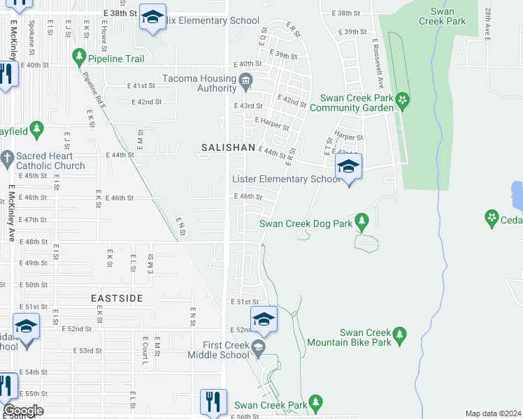 map of restaurants, bars, coffee shops, grocery stores, and more near 1731 East 47th Street in Tacoma