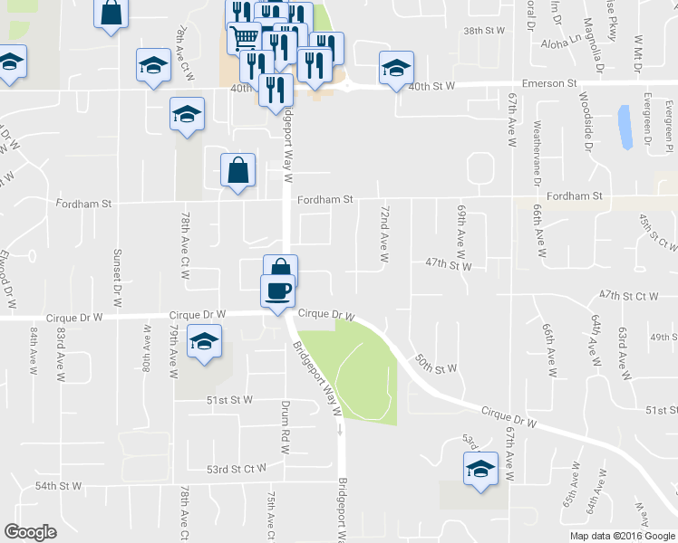 map of restaurants, bars, coffee shops, grocery stores, and more near 4529 Westwood Square West in University Place
