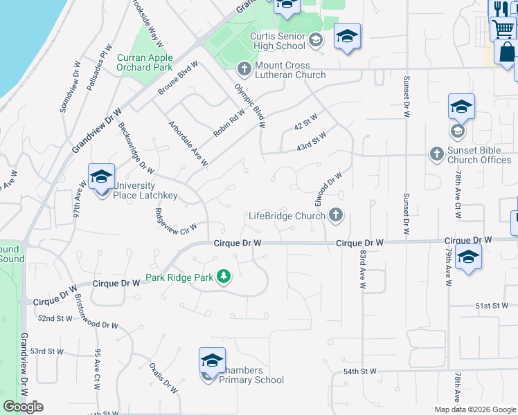 map of restaurants, bars, coffee shops, grocery stores, and more near 8713 46th Street West in Tacoma
