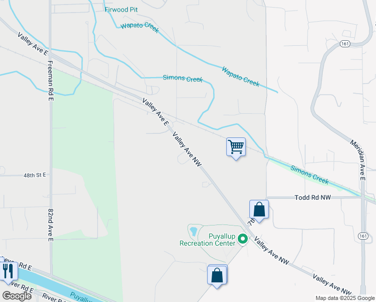 map of restaurants, bars, coffee shops, grocery stores, and more near 1612 Valley Avenue East in Puyallup