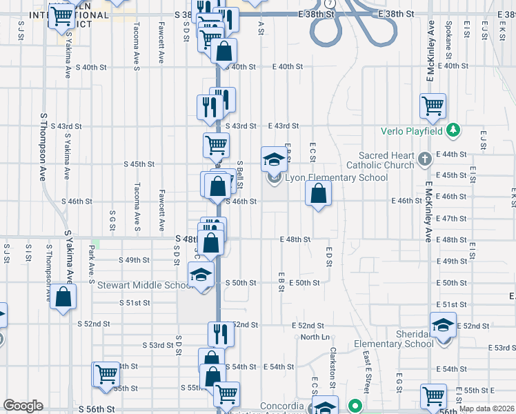 map of restaurants, bars, coffee shops, grocery stores, and more near 101 South 46th Street in Tacoma