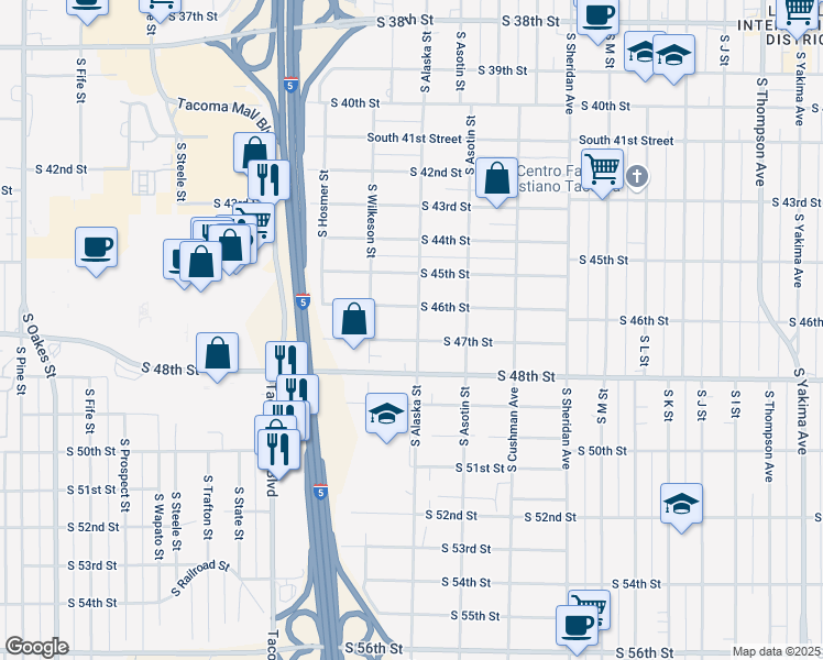 map of restaurants, bars, coffee shops, grocery stores, and more near 4602 South Alaska Street in Tacoma