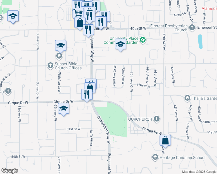 map of restaurants, bars, coffee shops, grocery stores, and more near 4601 73rd Avenue Court West in University Place