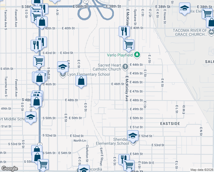 map of restaurants, bars, coffee shops, grocery stores, and more near 4534 East F Street in Tacoma