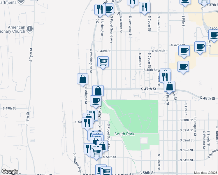 map of restaurants, bars, coffee shops, grocery stores, and more near 4566 South Puget Sound Avenue in Tacoma