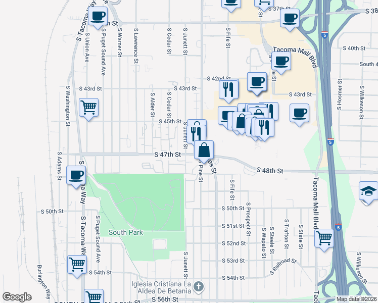 map of restaurants, bars, coffee shops, grocery stores, and more near 4535 South Junett Street in Tacoma