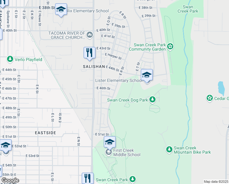 map of restaurants, bars, coffee shops, grocery stores, and more near 4616 East R Street in Tacoma