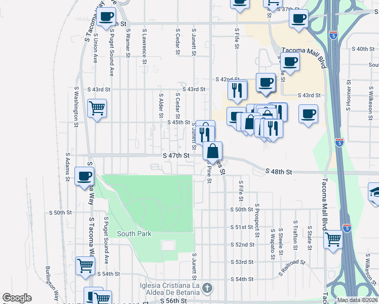 map of restaurants, bars, coffee shops, grocery stores, and more near 4535 South Junett Street in Tacoma