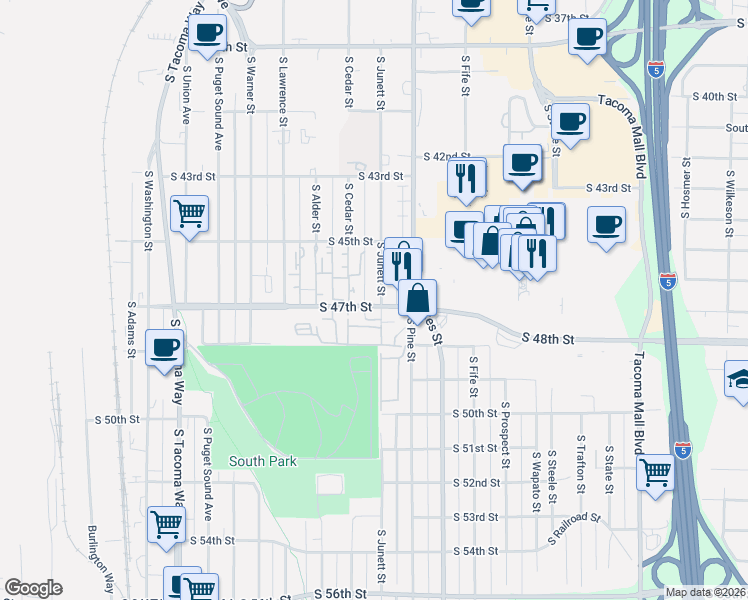 map of restaurants, bars, coffee shops, grocery stores, and more near 4535 South Junett Street in Tacoma