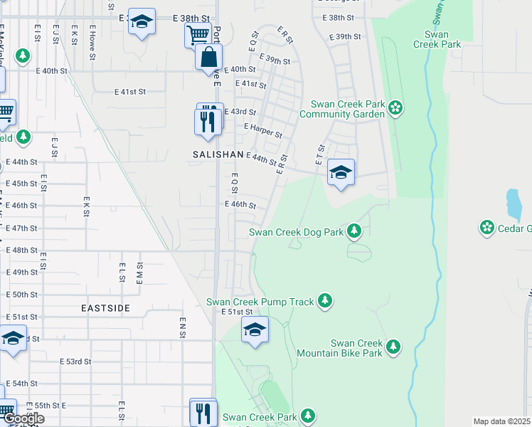 map of restaurants, bars, coffee shops, grocery stores, and more near 4614 East R Street in Tacoma