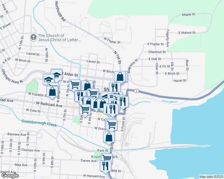 map of restaurants, bars, coffee shops, grocery stores, and more near in Shelton