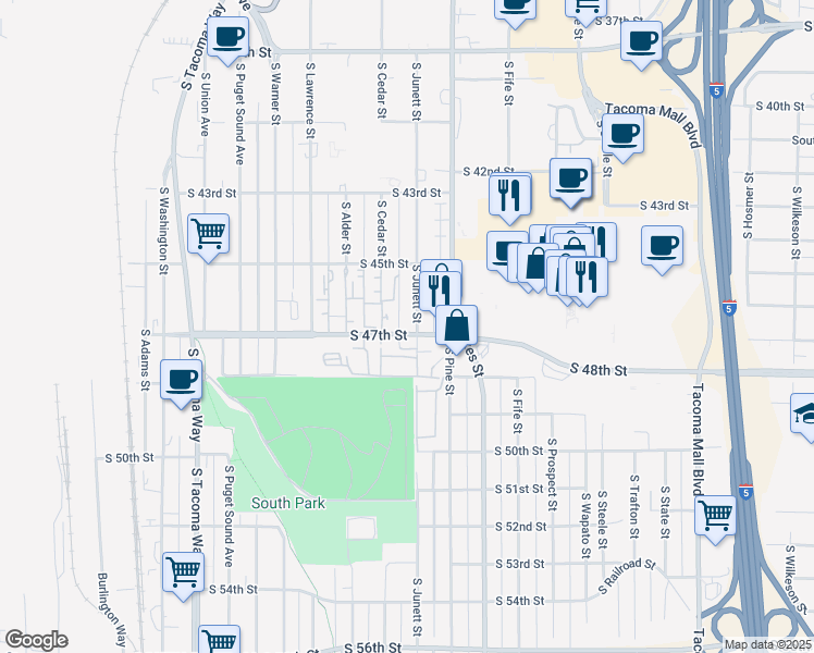 map of restaurants, bars, coffee shops, grocery stores, and more near 4535 South Junett Street in Tacoma