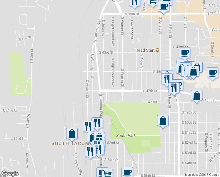 map of restaurants, bars, coffee shops, grocery stores, and more near 4538 South Puget Sound Avenue in Tacoma