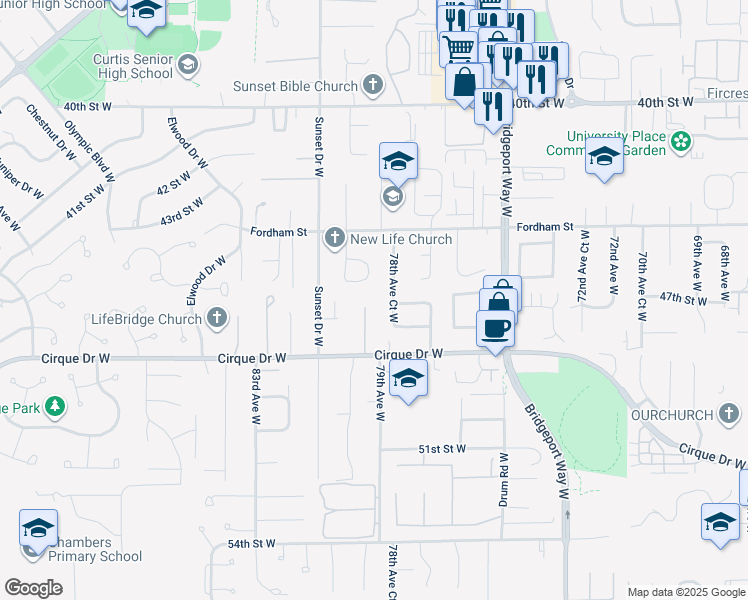 map of restaurants, bars, coffee shops, grocery stores, and more near 4605 79th Avenue Court West in University Place