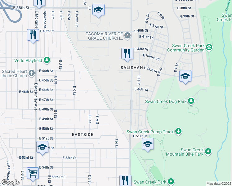 map of restaurants, bars, coffee shops, grocery stores, and more near 1412 East 46th Street in Tacoma